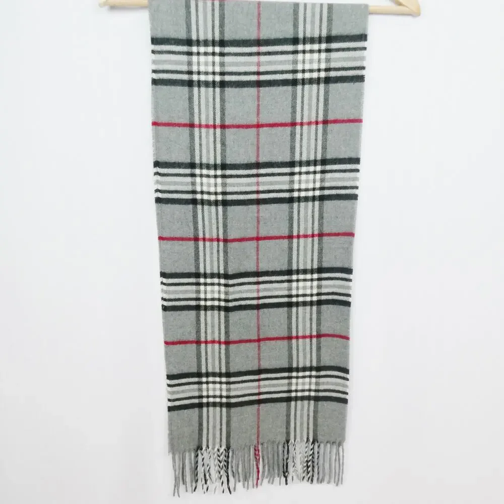 V.Fraas Cashmink Scarf Gray Plaid Check Soft Brushed Long Rectangle Fringe